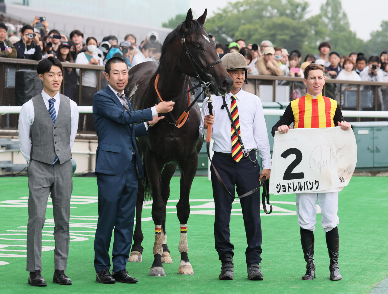 東京5R、2歳新馬戦を制したジョドレルバンクの口取りをする武井亮調教師とダミアン・レーン騎手（撮影・丹羽敏通）