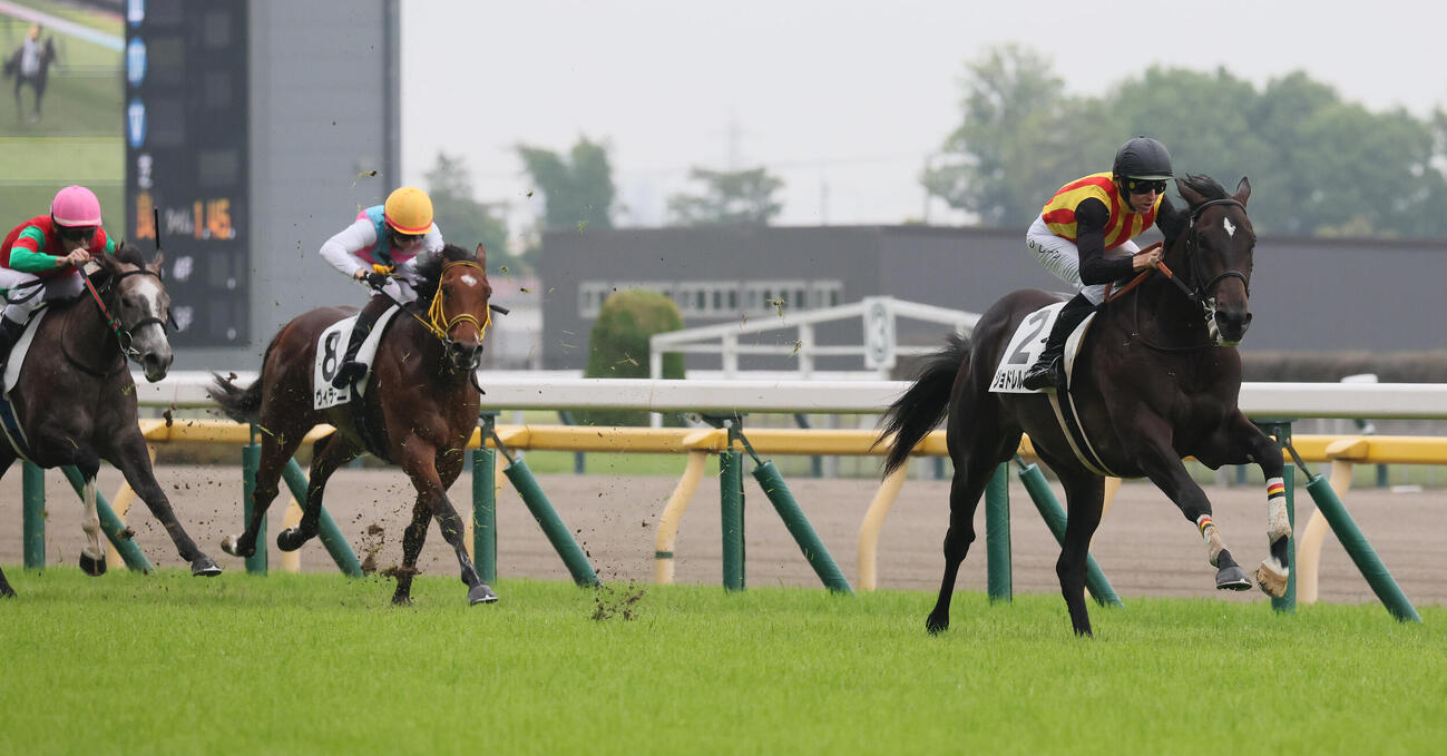 東京5R、2歳新馬戦を制したジョドレルバンクとダミアン・レーン騎手（右）（撮影・丹羽敏通）