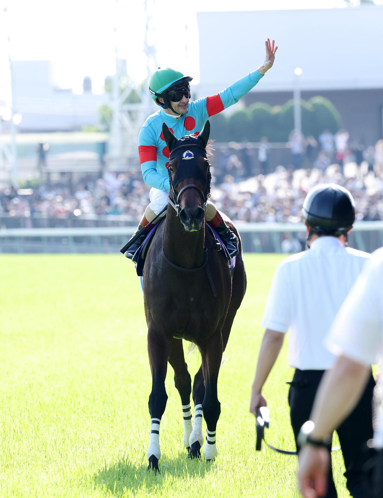 ヴィクトリアMを制したエンブロイダリーとファンに手を振るC・ルメール騎手（2026年5月17日撮影）
