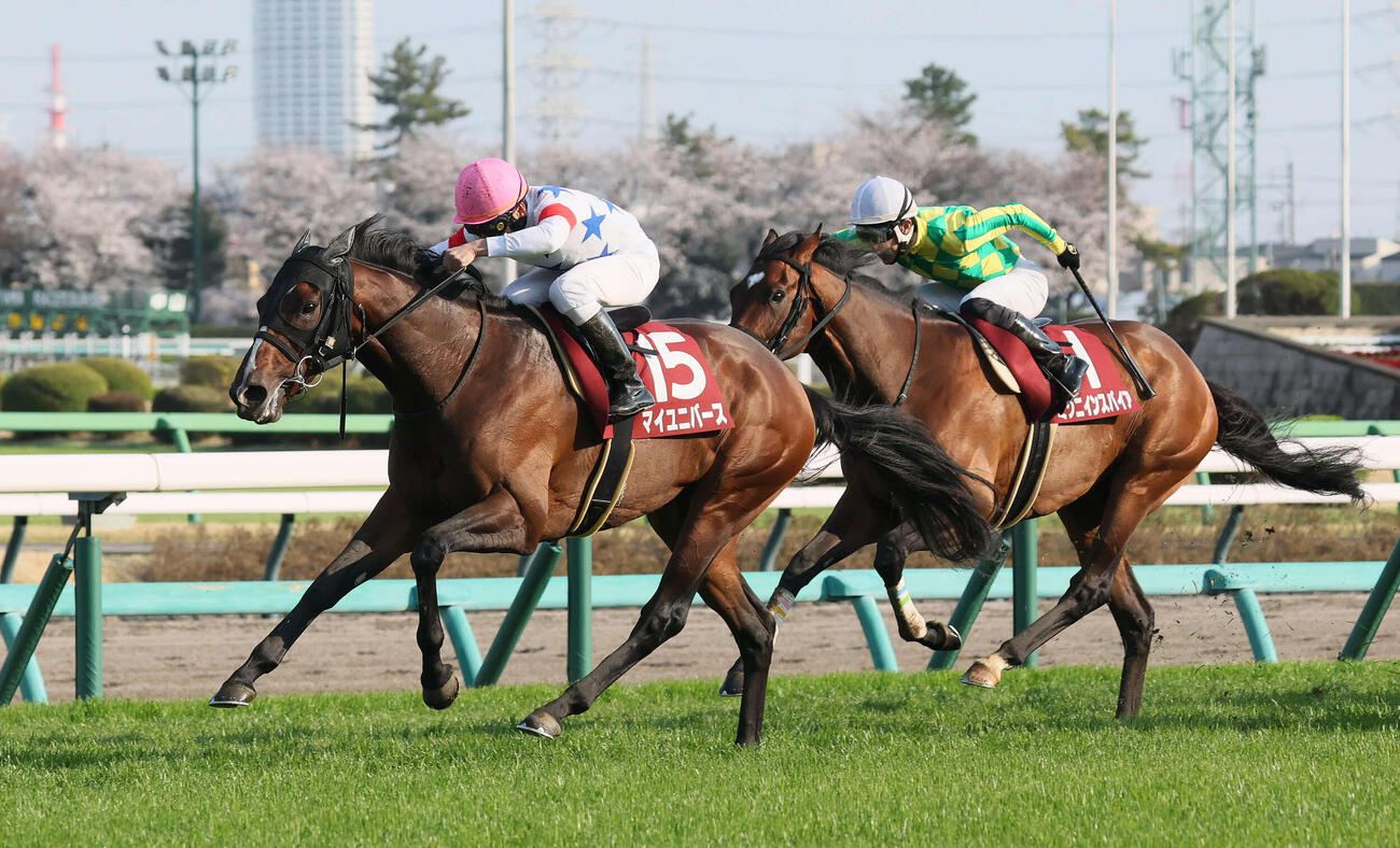 日経賞を制したマイユニバースと横山典騎手（左）（2026年3月撮影）