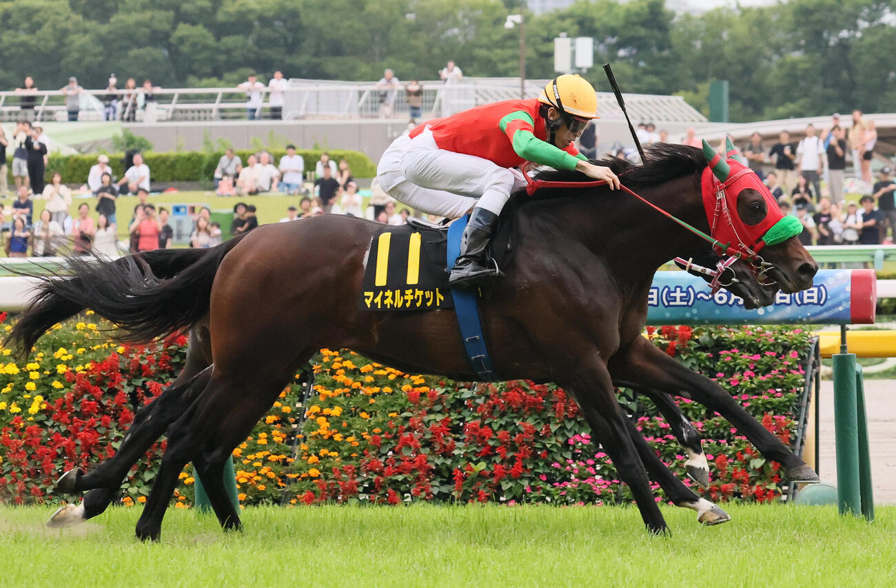 東京11R、パラダイスSを制したマイネルチケットと津村明秀騎手（手前）（撮影・丹羽敏通）