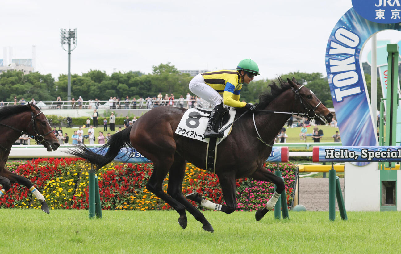 新馬戦を逃げ切ったアヴィアトーレとゴンサルベス騎手（撮影・丹羽敏通）