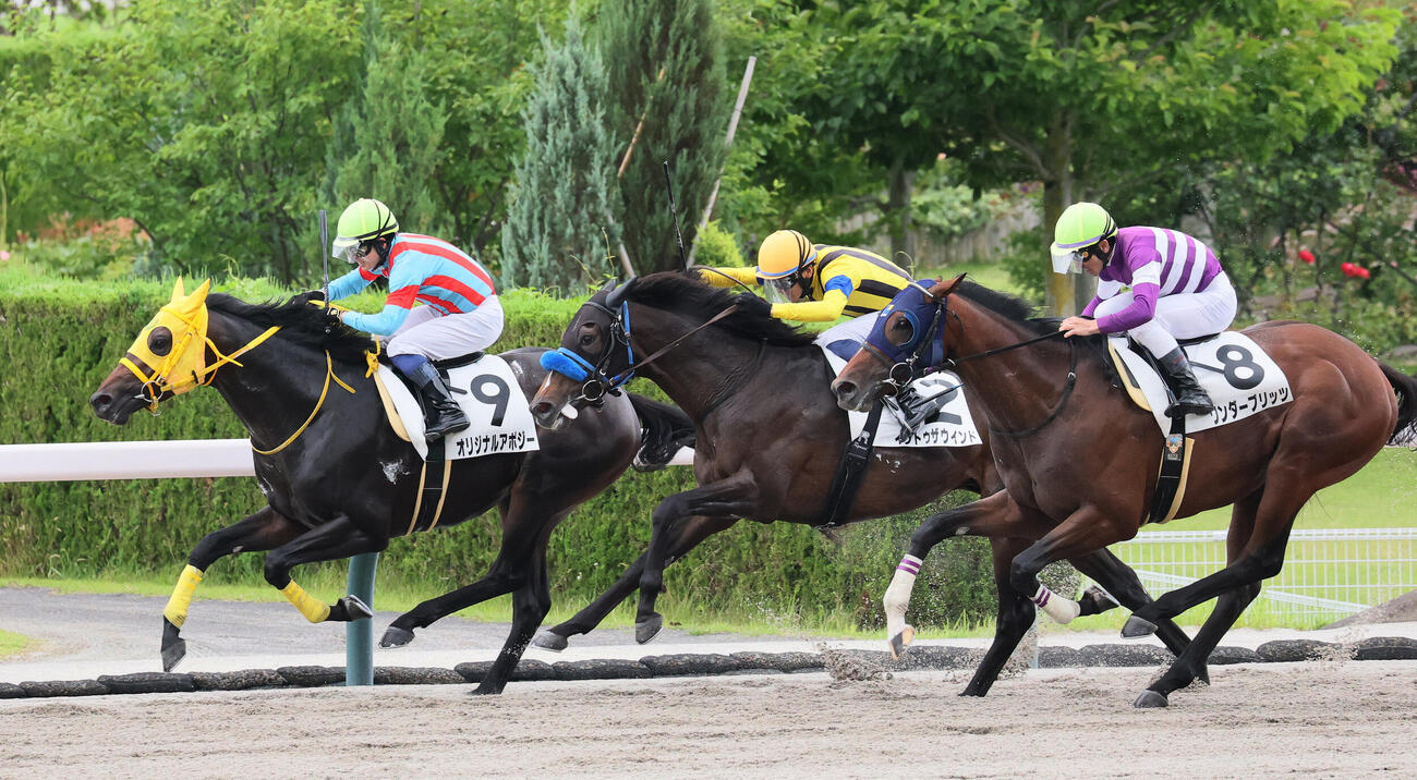 福島3R、3歳未勝利戦を制したオリジナルアポジーと武藤雅騎手（左）（撮影・丹羽敏通）