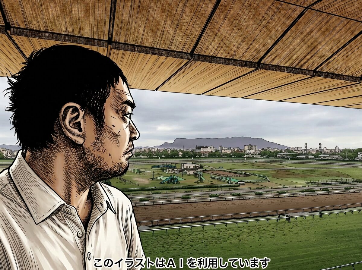 函館競馬場に到着した記者（写真をAIでイラストに加工しています）