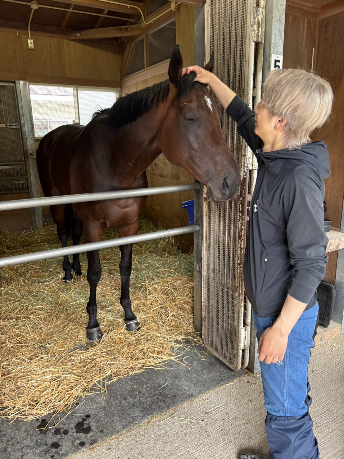 衝撃の新馬勝ちから2日後のフライトライン産駒ショウナンガレオンと関本助手（撮影・木南友輔）