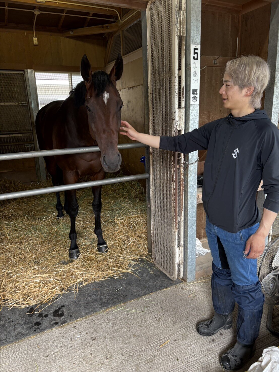 衝撃の新馬勝ちから2日後のフライトライン産駒ショウナンガレオンと関本助手（撮影・木南友輔）