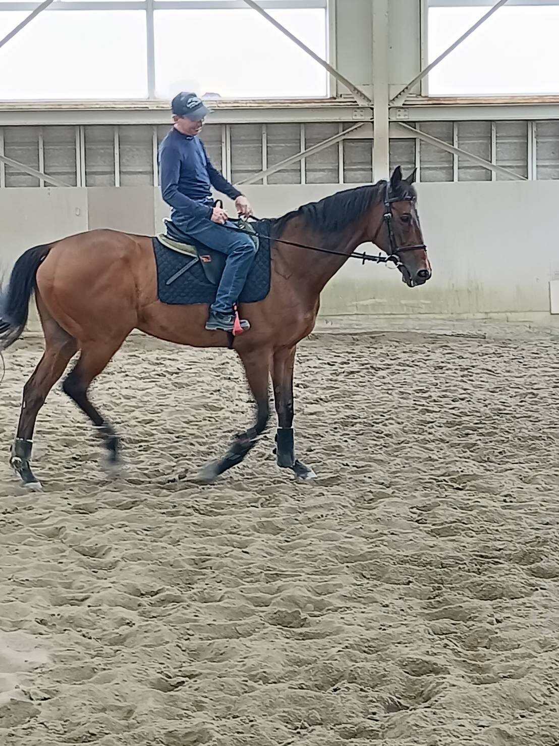 函館競馬場で誘導馬として活躍するクリンチャーと再会し、またがった長谷川万人助手（写真は本人提供）
