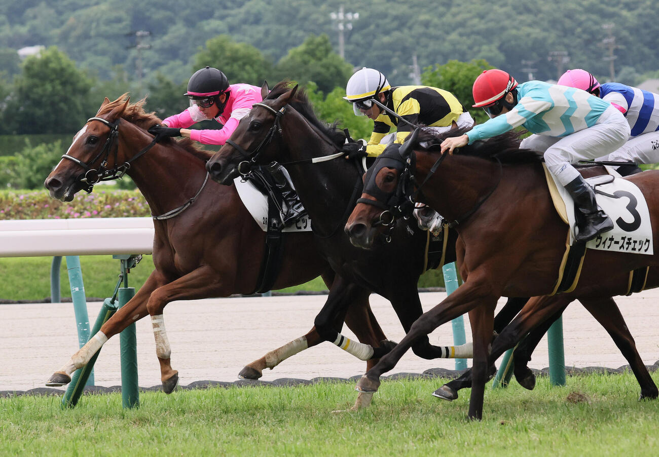 福島2R、直線内から伸びて2歳未勝利戦を制したビップヴィーナスと坂井瑠星騎手（最内）（撮影・丹羽敏通）