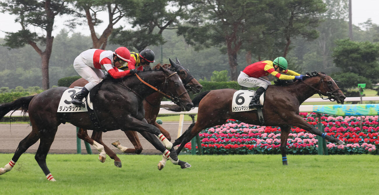 新潟2R、2歳新馬戦を制したトウシンマジックとジェイソン・コレット騎手（右）（撮影・丹羽敏通）