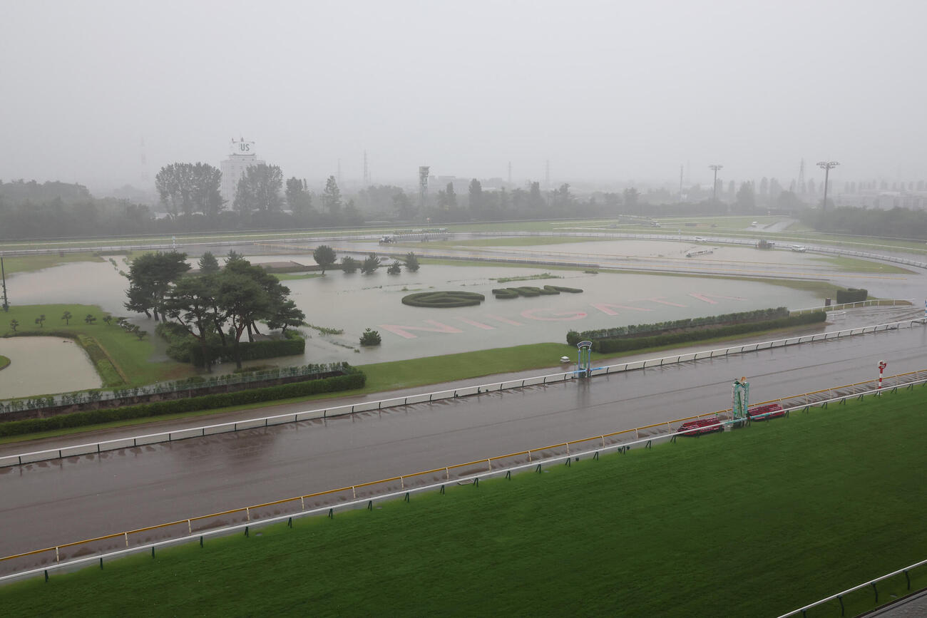 雨で水没した新潟競馬場のダートコース（撮影・丹羽敏通）