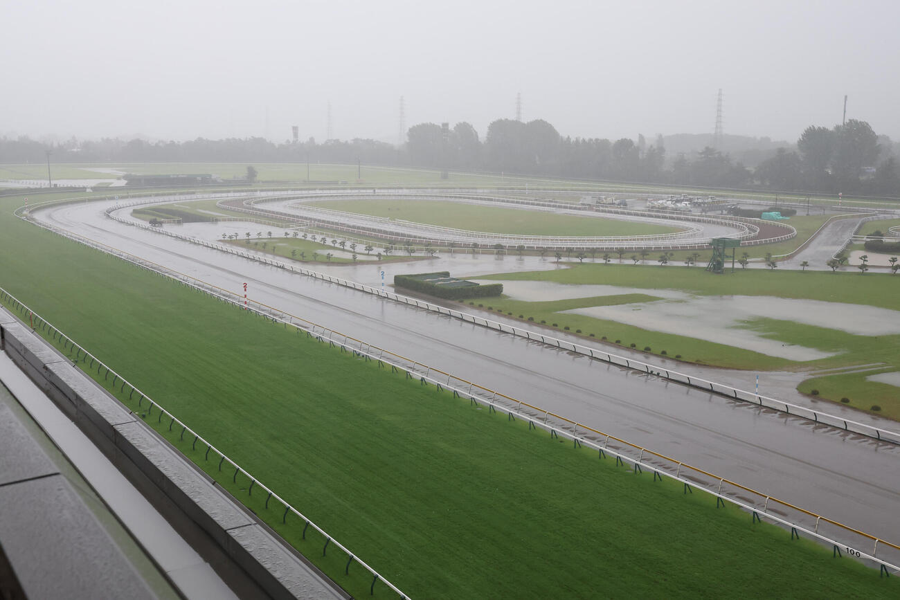激しい雨で水没した新潟競馬場のダートコース（撮影・丹羽敏通）