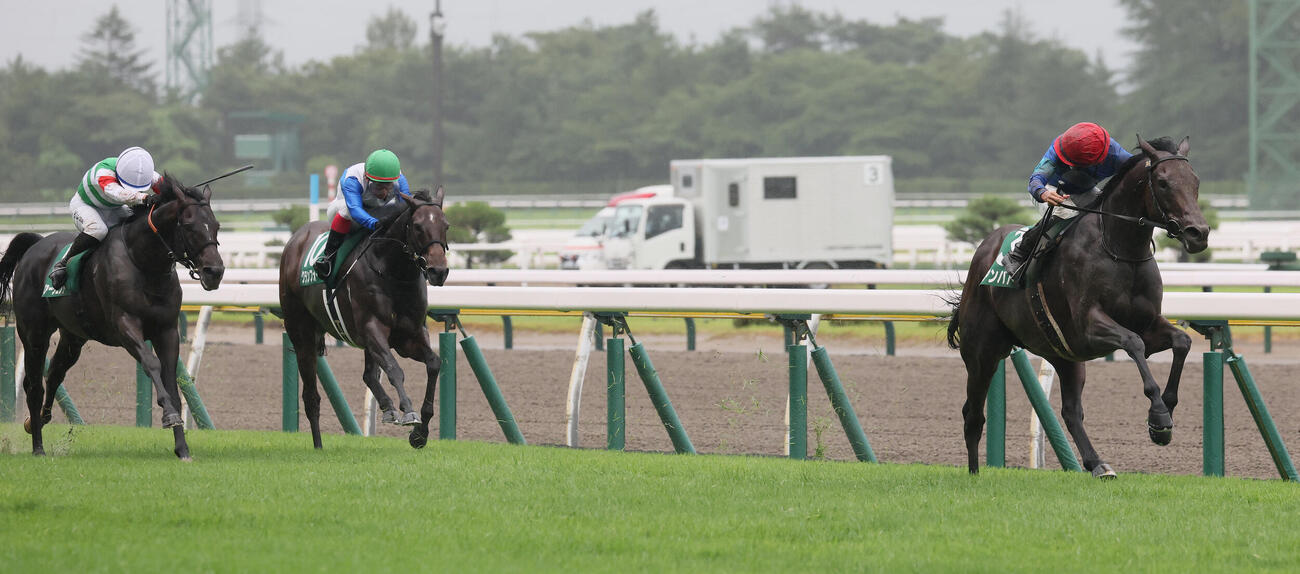 関屋記念で直線先頭に立ったアンパドゥの岩田望来騎手は後ろを振り返る（撮影・丹羽敏通）