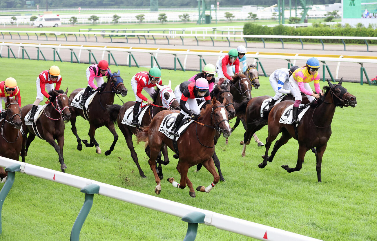 新潟1R 2歳未勝利を制したエストレアボニータ（中央）と石神深道騎手（撮影・鈴木正人）