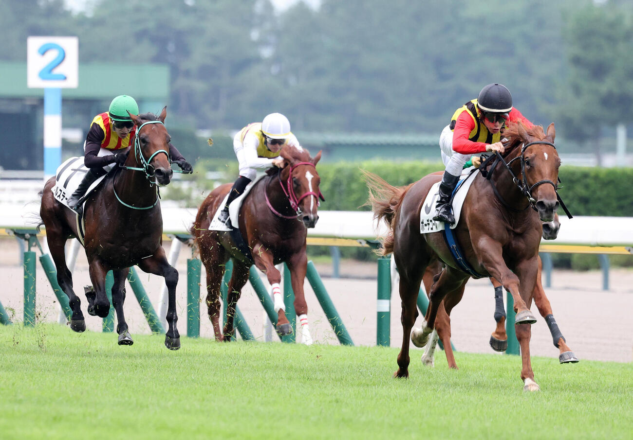 2歳新馬戦を制したボーデコール（右）と津村明秀騎手（撮影・鈴木正人）