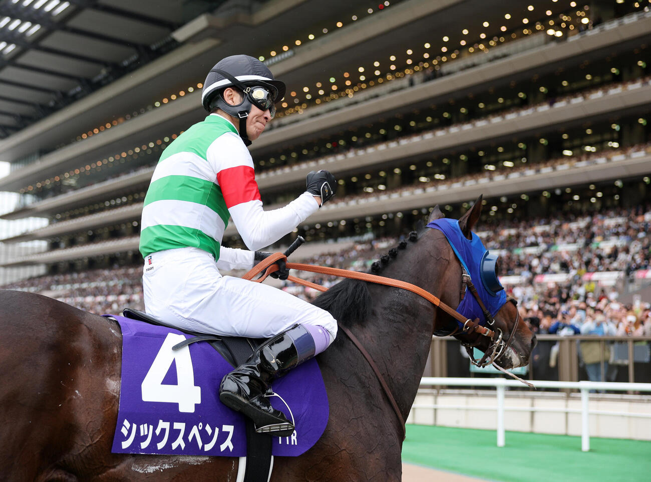 安田記念を制したシックスペンスとガッツポーズする武豊騎手（2026年6月7日撮影）