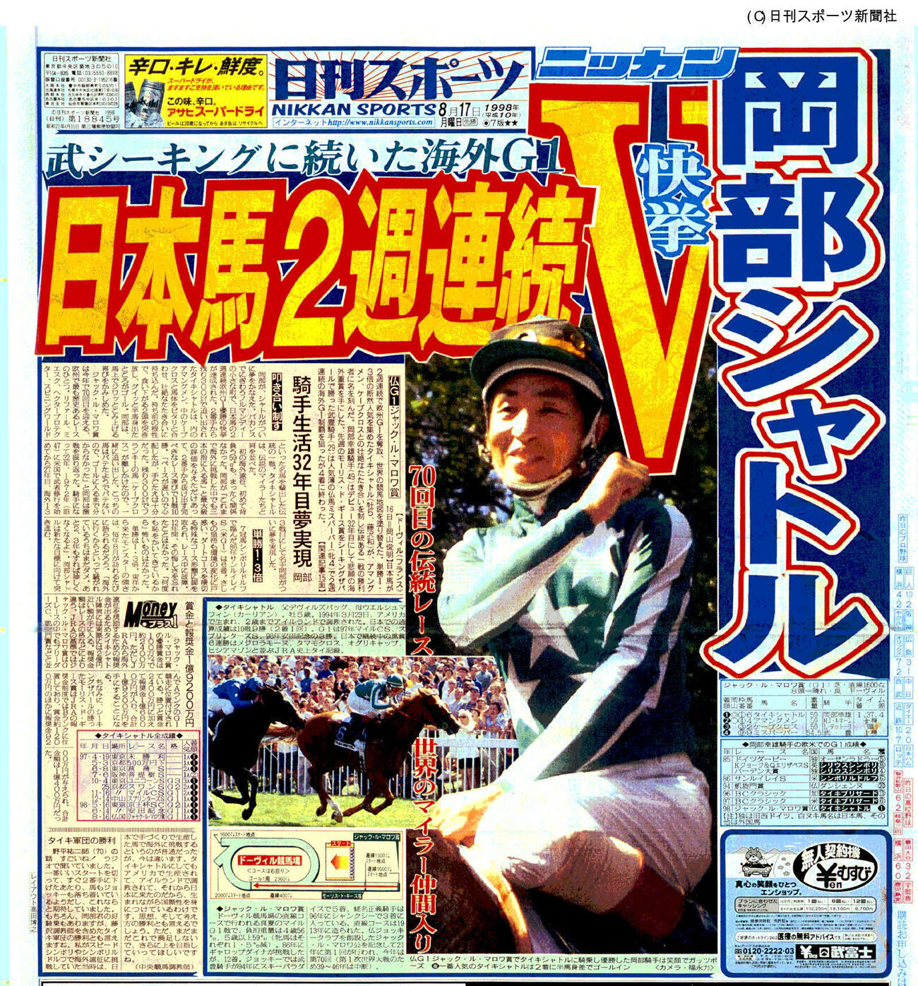 タイキシャトルのジャックルマロワ賞制覇翌日（98年8月17日）紙面