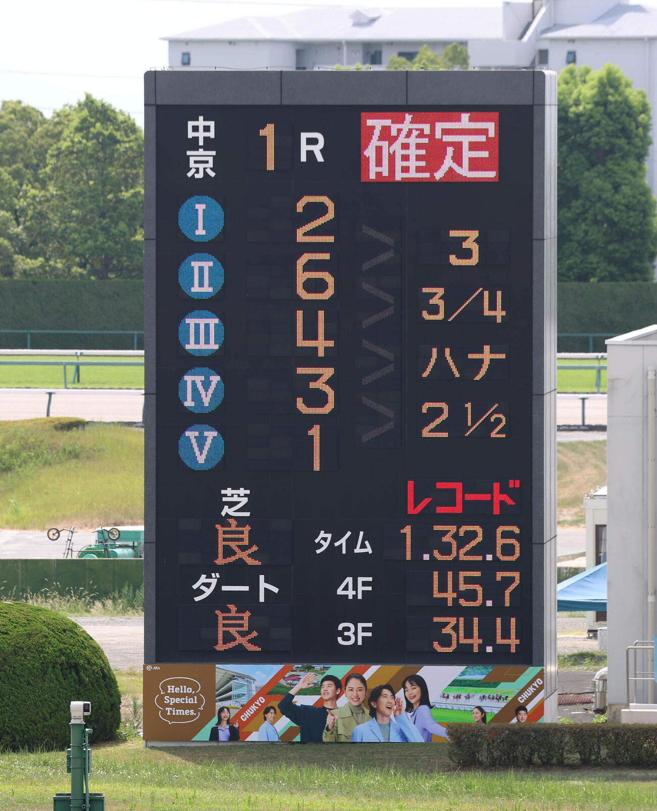 レコードタイムを表示する着順掲示板（撮影・白石智彦）