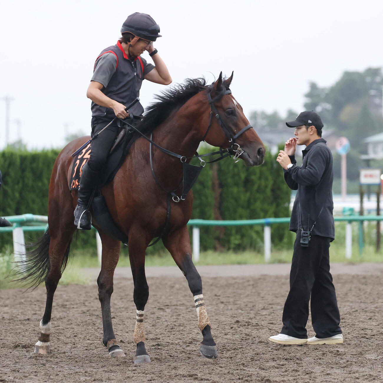 追い切りを終えたゴーイントゥスカイ。右は上原佑紀師（撮影・柴田隆二）