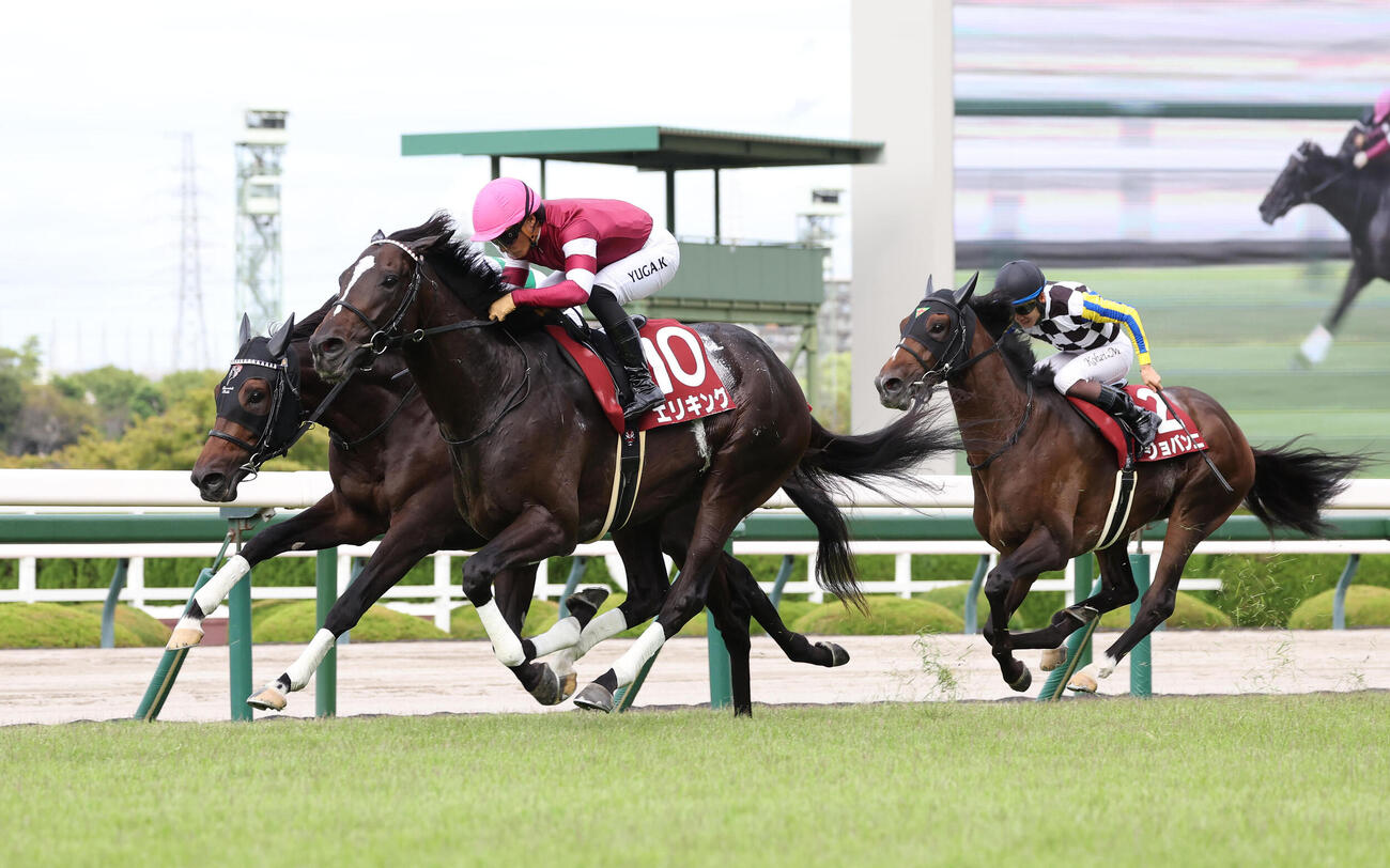 直線外から伸びて神戸新聞杯を制したエリキング（中央）（2025年9月21日撮影）