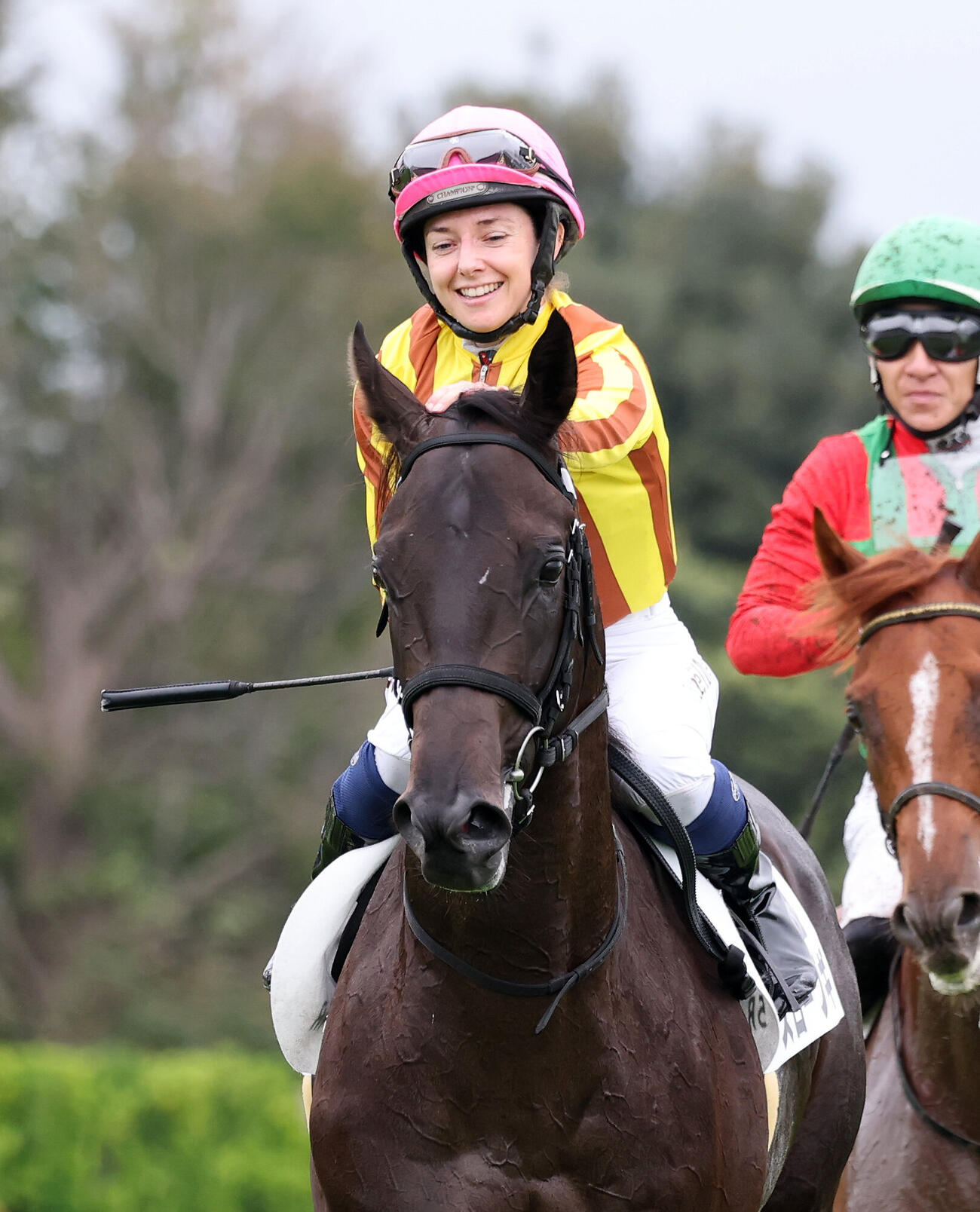 中山5R、2歳新馬戦を制したスローブギをなでるミカエル・ミシェル騎手（撮影・鈴木正人）