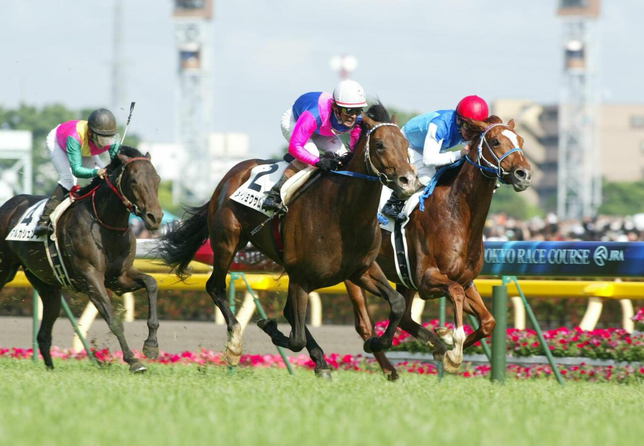 06年ダービー、クビ差2着で敗れたアドマイヤメインと柴田善臣騎手（右）。中央は勝ったメイショウサムソン