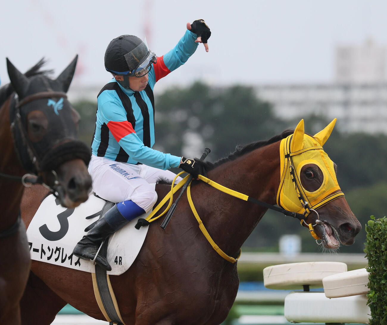 中山4R、2歳新馬戦を制したマートングレイスを指差して、たたえる岩田康誠騎手（撮影・丹羽敏通）