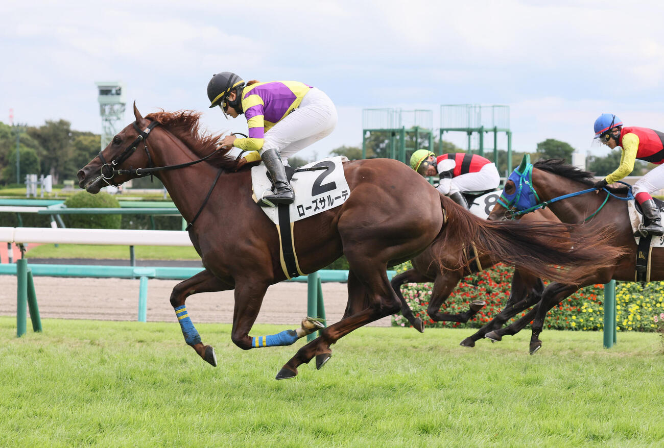 中山5R、2歳新馬戦を制したローズサルーテと小林美駒騎手（手前）（撮影・丹羽敏通）