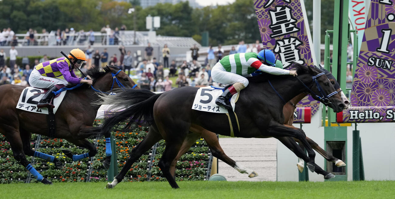 東京6R、2歳新馬戦を制したジョーティスとC・ルメール騎手（手前）（撮影・小島史椰）