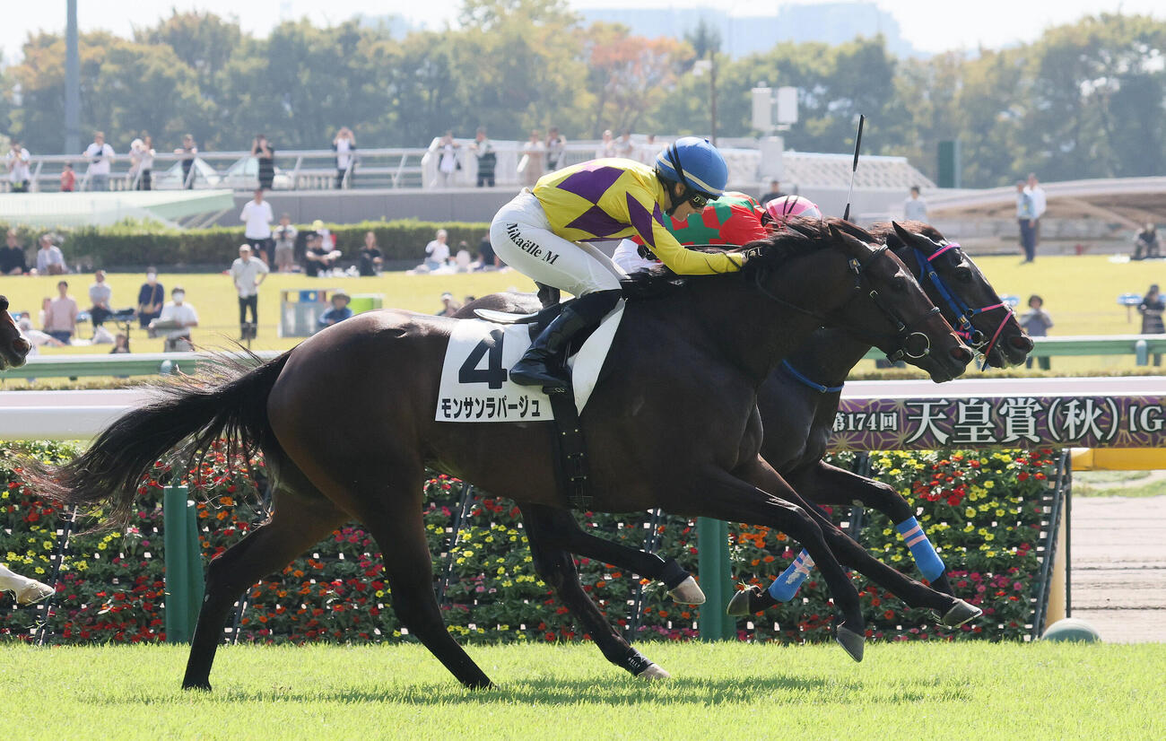 東京3R、2歳未勝利戦を制したモンサンラパージュとミカエル・ミシェル騎手（手前）（撮影・丹羽敏通）