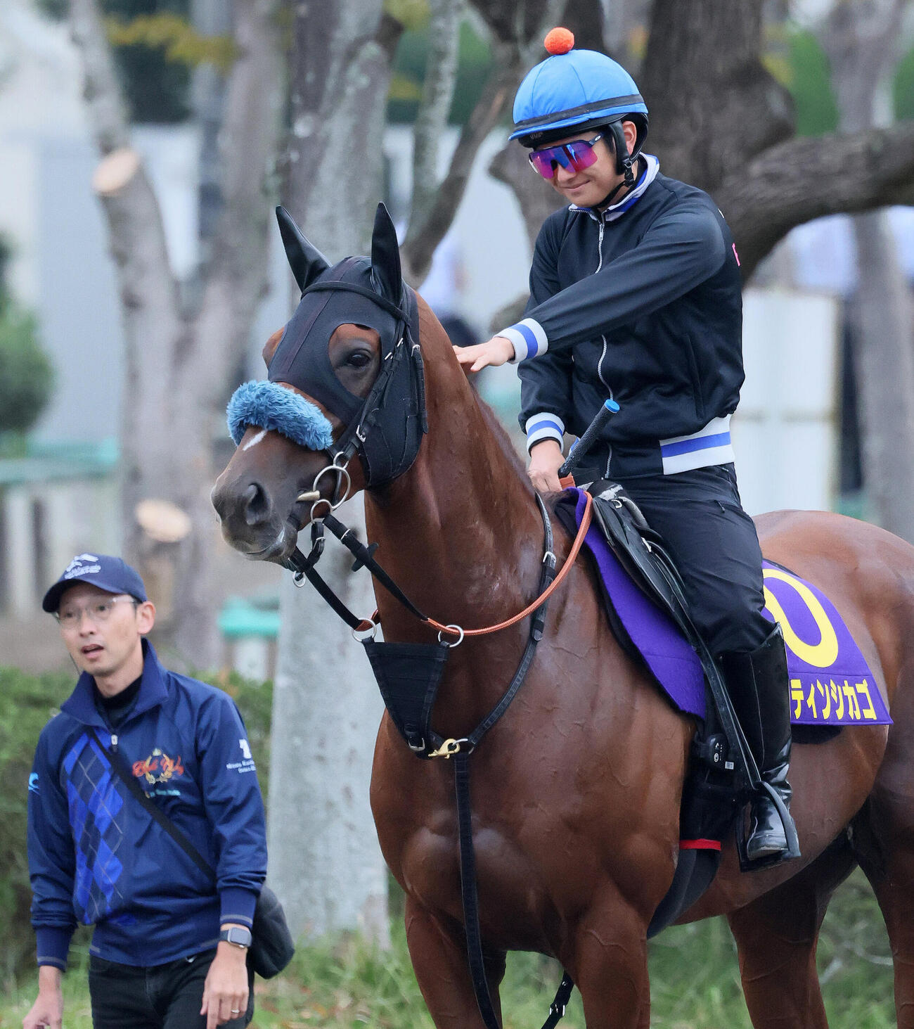 ジャスティンシカゴに騎乗して首筋をなでる原優介騎手（2026年10月21日撮影）