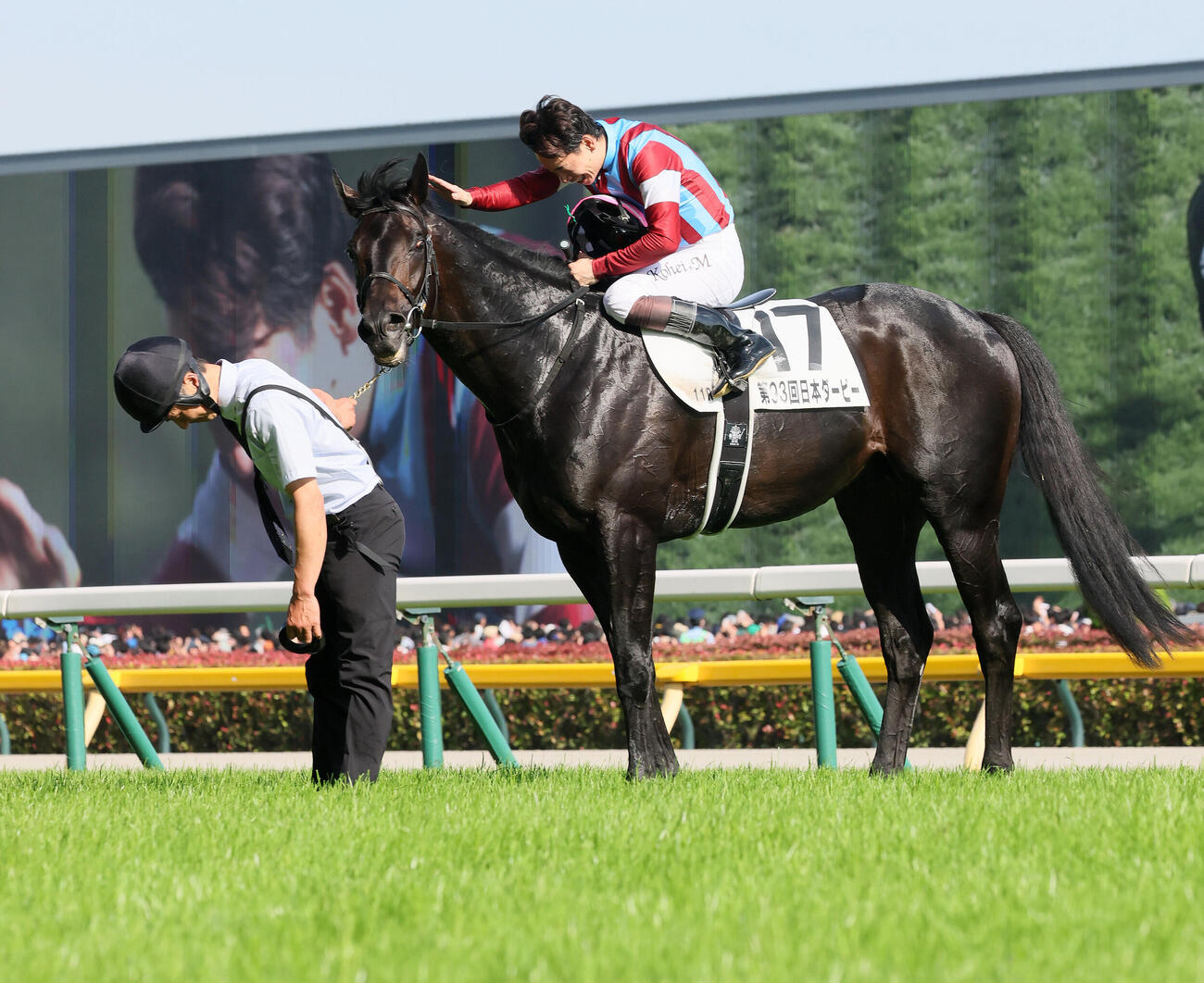 5月、ロブチェンで日本ダービーを制して、馬上で一礼する松山弘平騎手