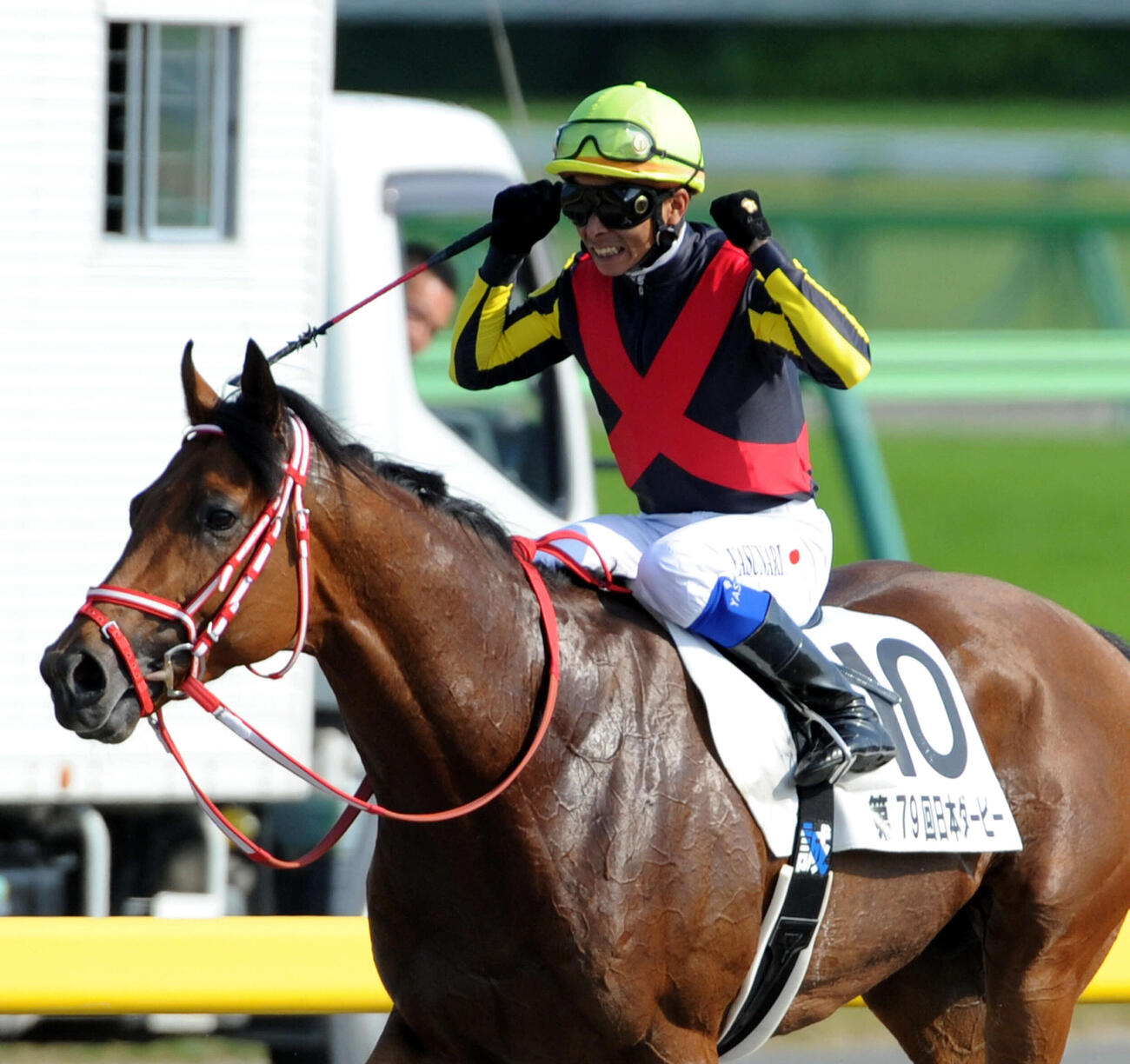 12年日本ダービー、ガッツポーズで喜ぶ岩田康誠騎手とディープブリランテ