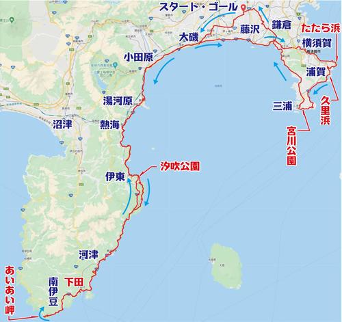 黒船400（藤沢・湘南台～下田～小田原～横須賀～久里浜～三浦～鎌倉～藤沢・湘南台）のコース