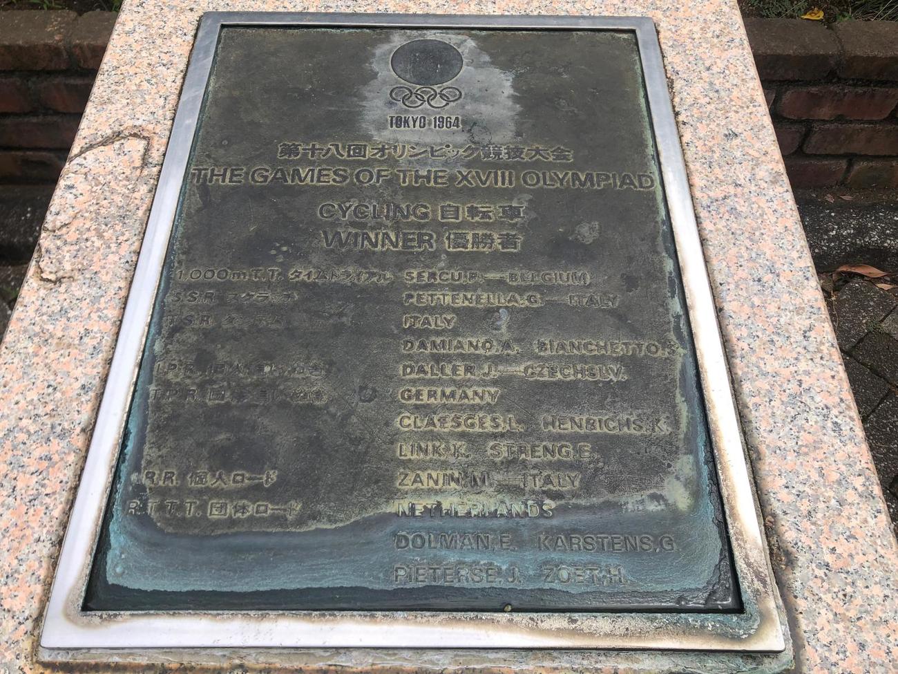 八王子・陵南公園にある64年東京五輪自転車競技の記念碑