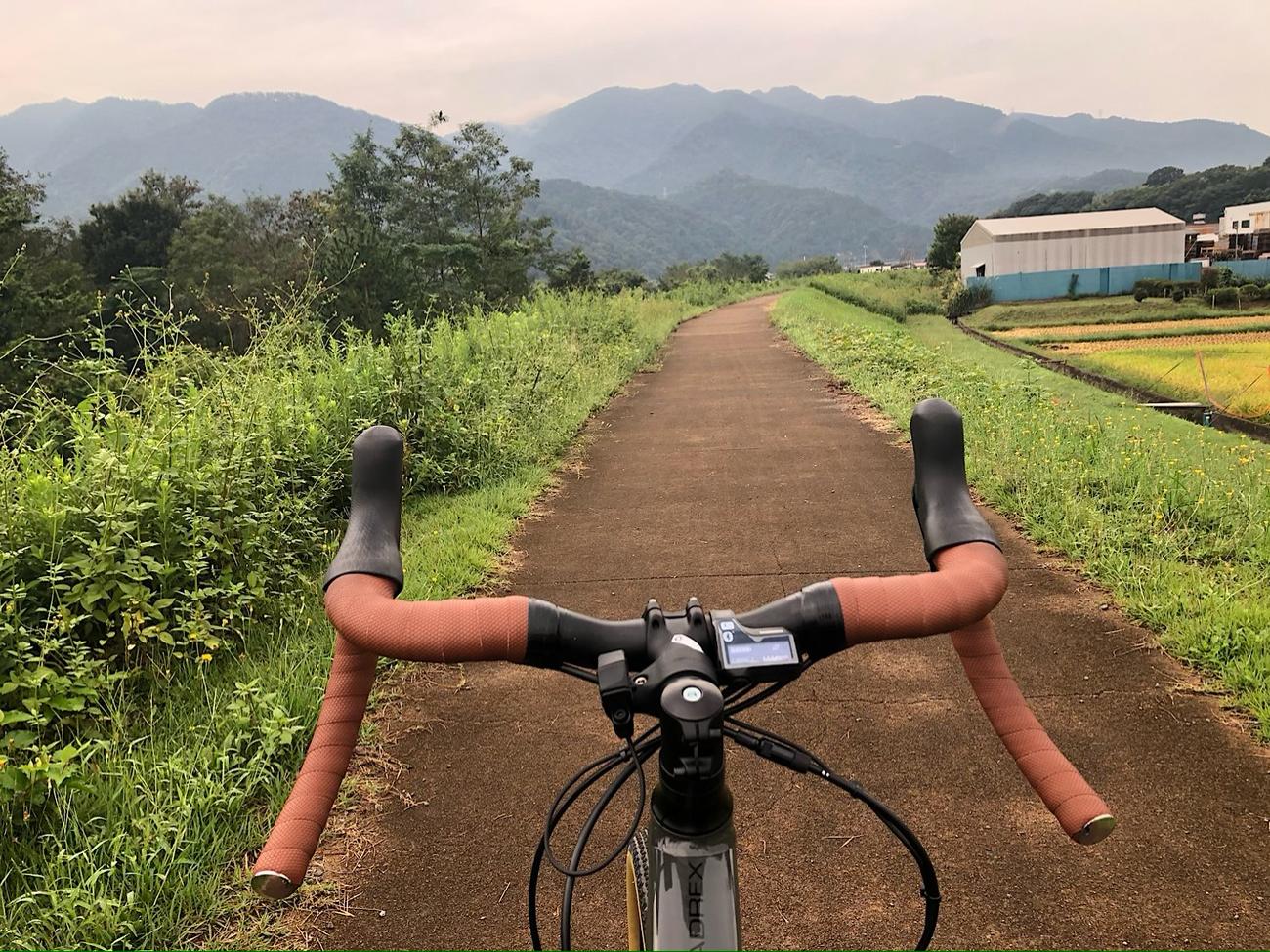 人気のない川沿いの道路を行く