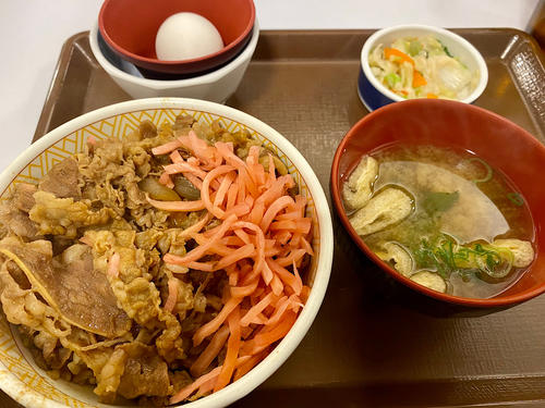 今日の夕ごはんは牛丼。早くて、安くて、栄養満点。旅の強い味方