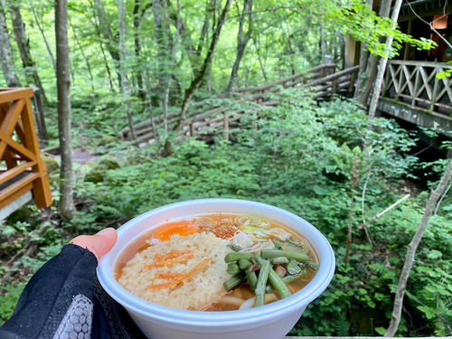奥入瀬渓谷を眺めながら天ぷらうどん。自然の中で食べるとおいしく感じる