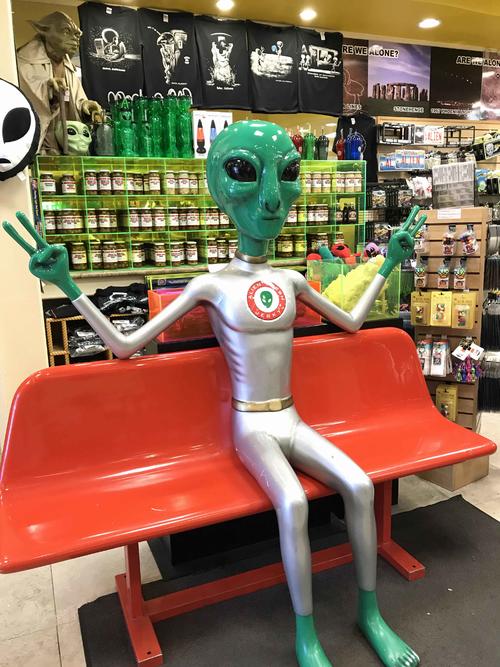 所狭しと商品が並ぶ店内のベンチにはピースサインのエイリアンが 
