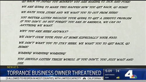 日本人経営の店に送られた脅迫状のニュースを伝えるNBCテレビの画面