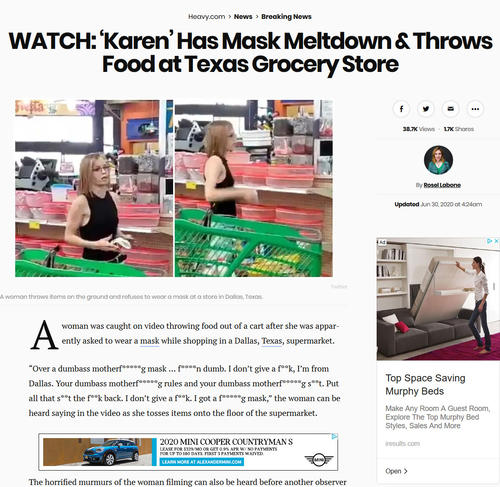 マスク着用を拒否してスーパーマーケットで暴れる女性を報じる記事のスクリーンショット