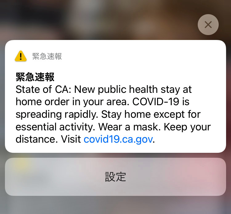 携帯電話に届いた不要不急の外出をせずにステイホームするよう求める緊急速報