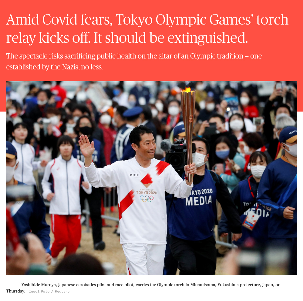 聖火リレー開催を批判するNBCのニュースサイトに掲載された記事