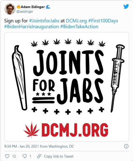 なんと、ワシントンDCではワクチン接種すると大麻がもらえる?!　（マリファナ活動グループDCMJのSNSより）
