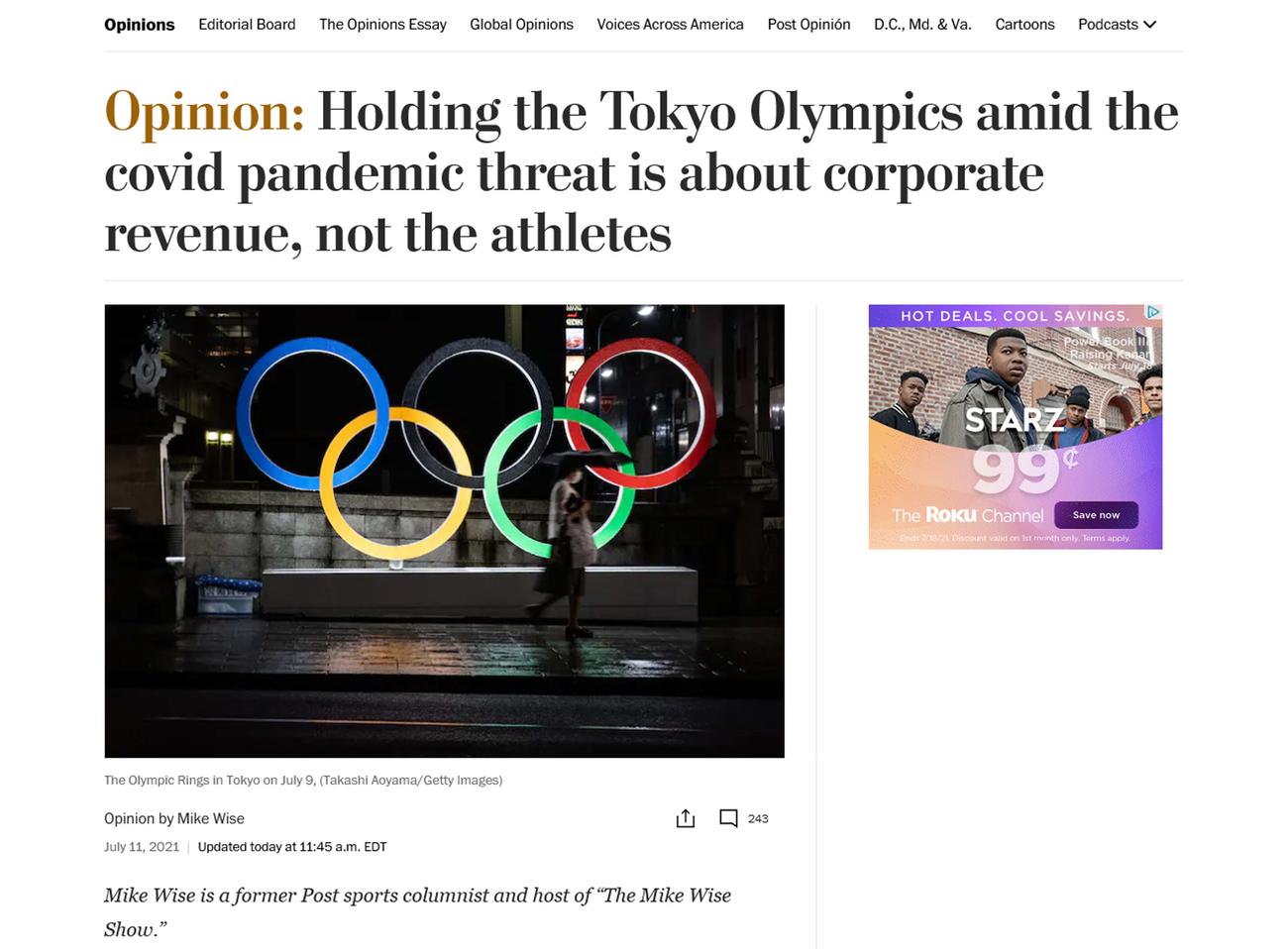 「コロナの脅威の中で開催される東京五輪は、選手のためではなく、企業収益のため」と伝えるワシントン・ポスト紙