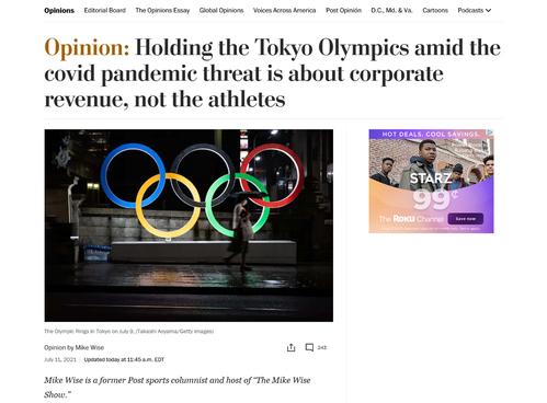 「コロナの脅威の中で開催される東京五輪は、選手のためではなく、企業収益のため」と伝えるワシントン・ポスト紙