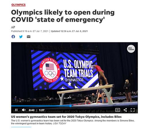 「緊急事態宣言下で五輪開催」と伝えるUSAトゥデイ紙