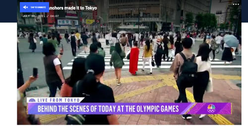渋谷のスクランブル交差点の混雑ぶりを報じるNBCテレビ
