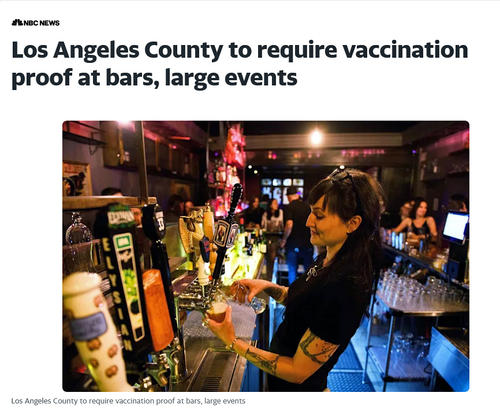 バーに入店するには10月7日からはワクチンの接種証明が必要となります（NBCニュースより）