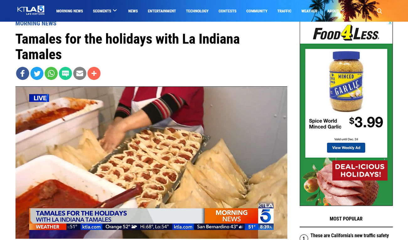 ラ・インディアナ・タマレは地元テレビで毎年取り上げられる有名店（KTLAのサイトより）