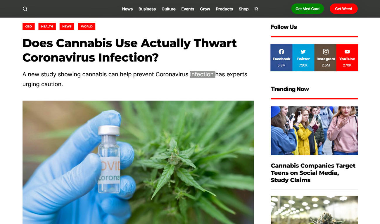 大麻がコロナ感染予防に効く？　と報じる記事